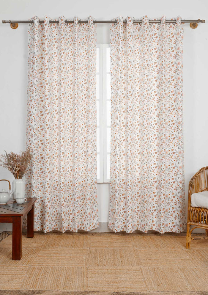 Forest bloom 100% cotton floral curtain for living room - Light Reduction - Orange - Single Piece