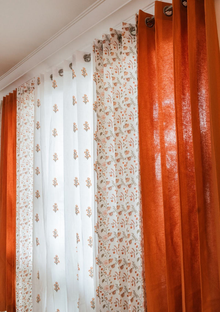 Forest bloom 100% cotton floral curtain for living room - Light Reduction - Orange - Single Piece