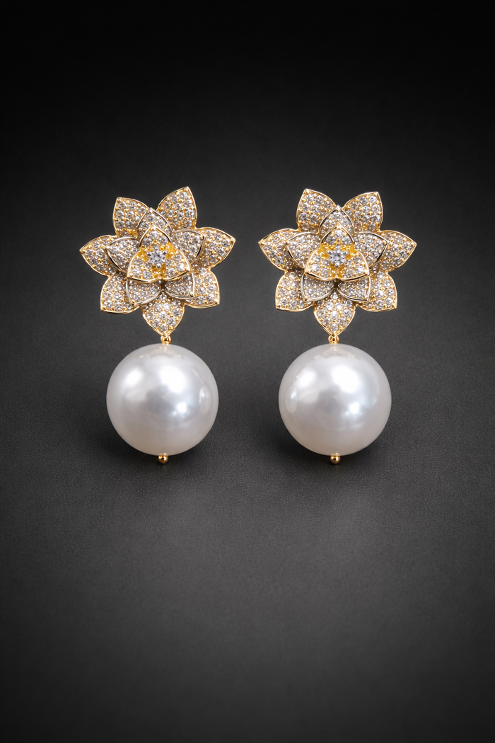Golden Lotus Pearl Drop Earrings
