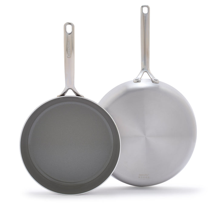 Two stainless steel frypans with mirror handles, one 10-inch and one 12-inch, displayed as a set.