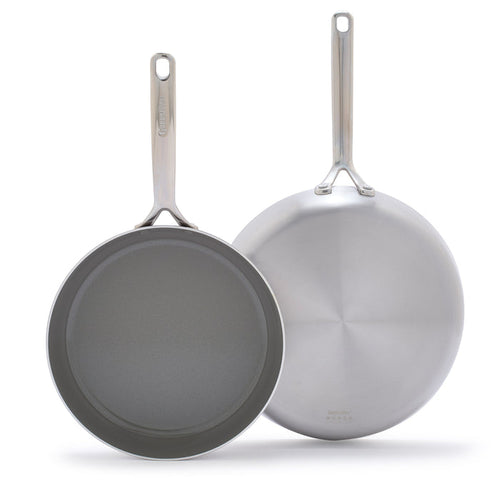 Two stainless steel frypans with mirror handles, one 10-inch and one 12-inch, displayed as a set.