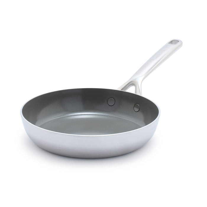 Stainless steel 8-inch frypan with a mirror-finish handle on a white background.