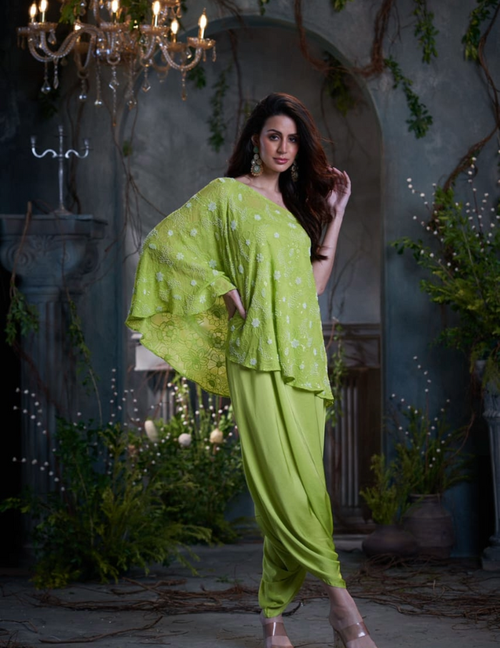 Green georgette silk beaded one shoulder top with jumper Arab Crab