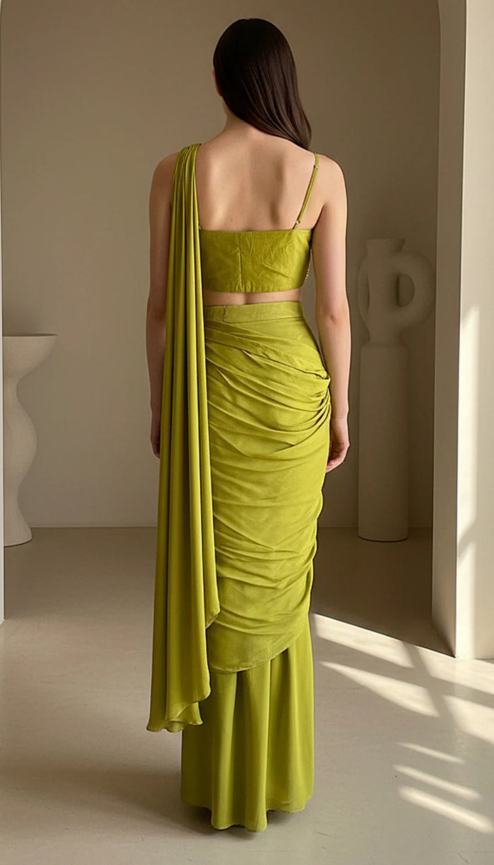 Green Chinon Draped Saree
