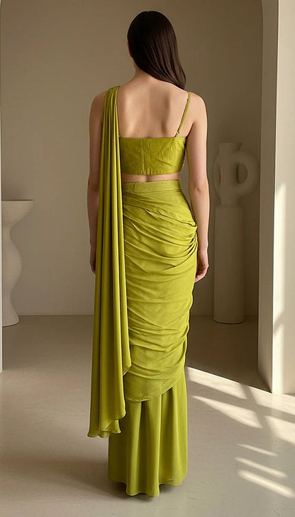 Green Chinon Draped Saree