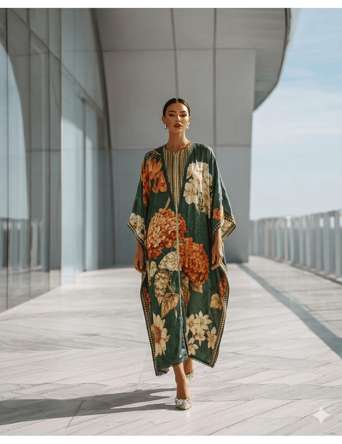 Nomad Green Cotton Satin Silk Kaftan Dress