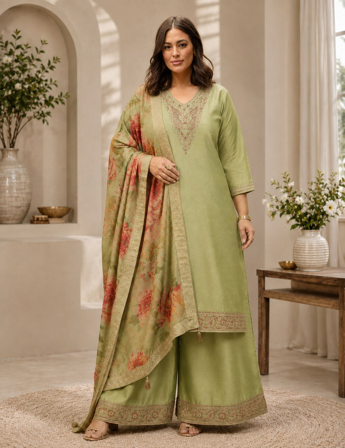 A woman models a traditional Indian salwar kameez suit in sage green, featuring an embroidered V-neck tunic, wide-leg pants, and a matching printed dupatta with floral motifs, set against a warm, neutral-toned interior background.