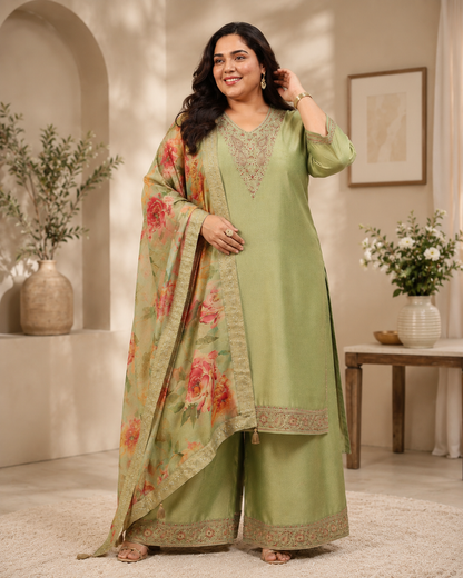 A woman models a light sage green traditional Indian salwar kameez suit with wide-leg pants, a matching printed dupatta with pink floral motifs, and gold embroidery on the neckline and borders, set against a warm beige interior background.