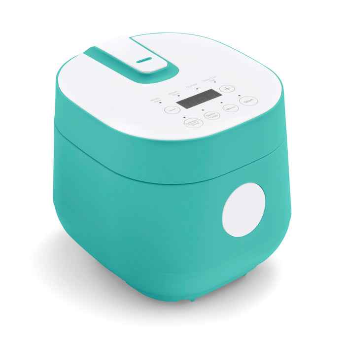 Turquoise 4-cup rice and grains cooker with digital display and top control buttons.