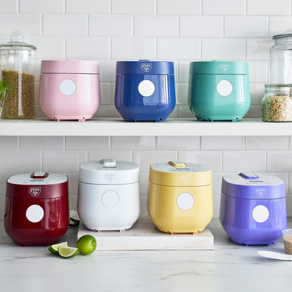 Turquoise 4-cup rice and grains cooker with a ceramic interior and compact design.