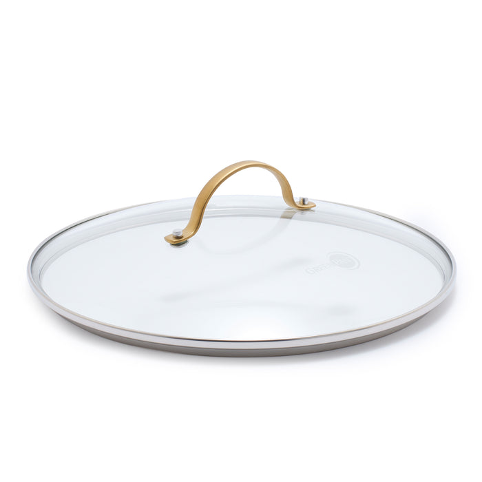 12-inch glass lid with matte gold handle on a white background.