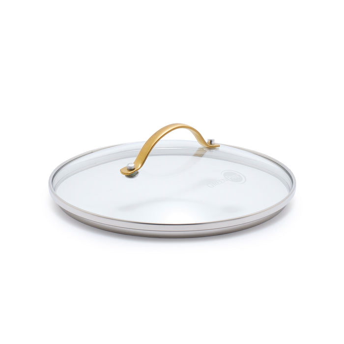 8-inch glass pot lid with gold handle, shown on a plain white background.