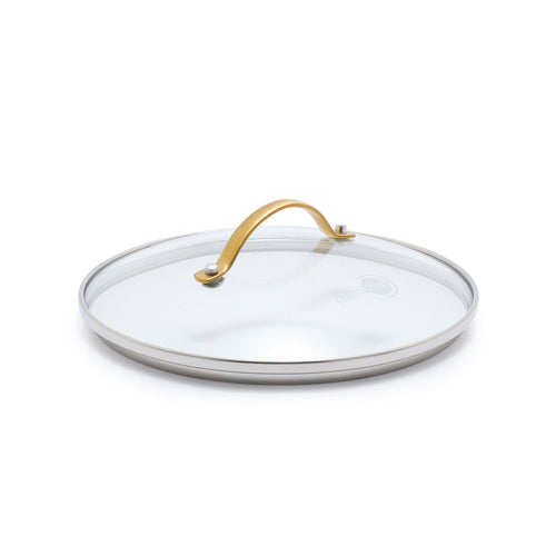 8-inch glass pot lid with gold handle, shown on a plain white background.