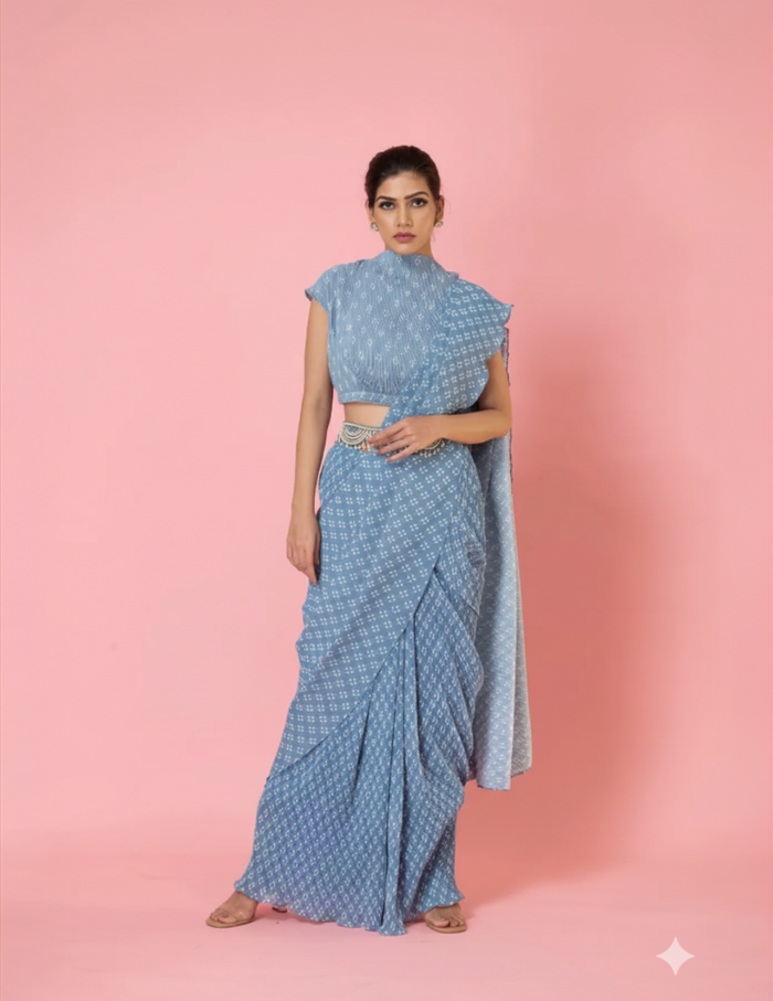 Grey Digital Print Pre-Draped Saree