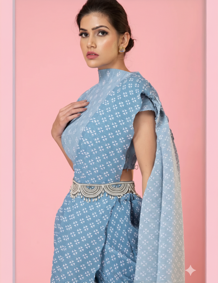 Grey Digital Print Pre-Draped Saree