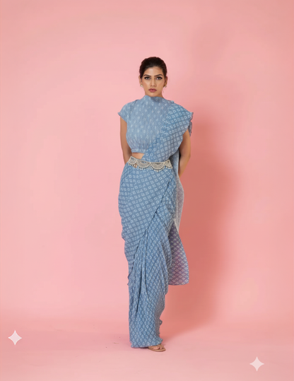 Grey Digital Print Pre-Draped Saree