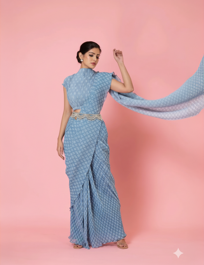 Grey Digital Print Pre-Draped Saree