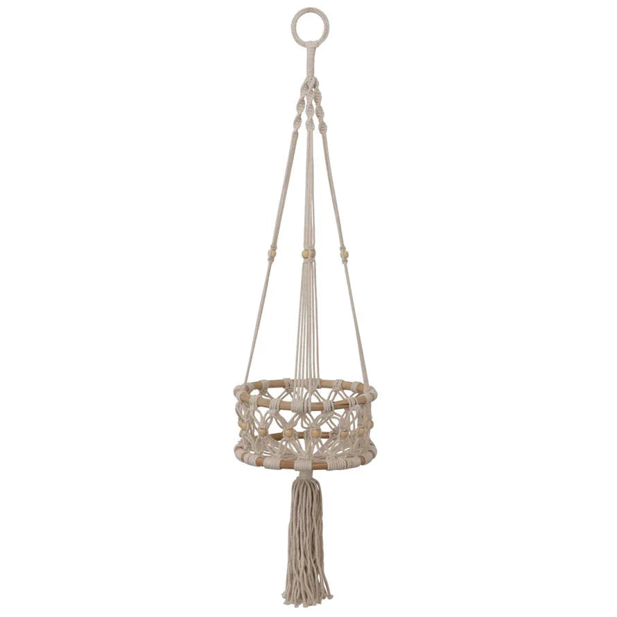 Hand-Woven Cotton Macrame & Rattan Plant Hanger With Wood Beads