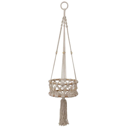 Hand-Woven Cotton Macrame & Rattan Plant Hanger With Wood Beads