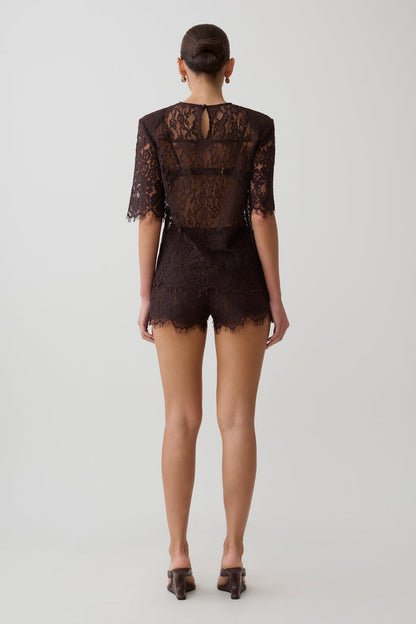 Harlyn Shoulder Pad Short Sleeve Lace Top - Dark Chocolate