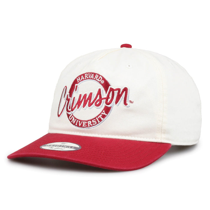 Harvard Original Circle snapback hat showing embroidered front design and brim, angled view