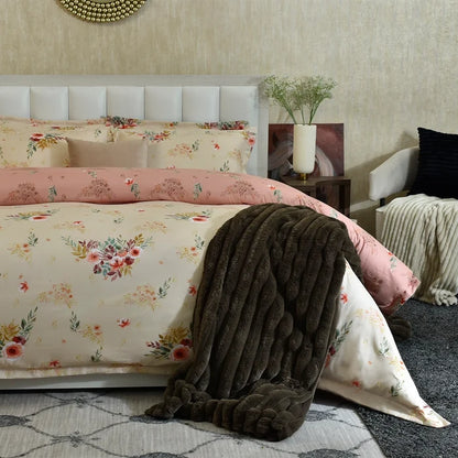 Floral winter comforter set, cream and pink blossoms, matching pillow shams