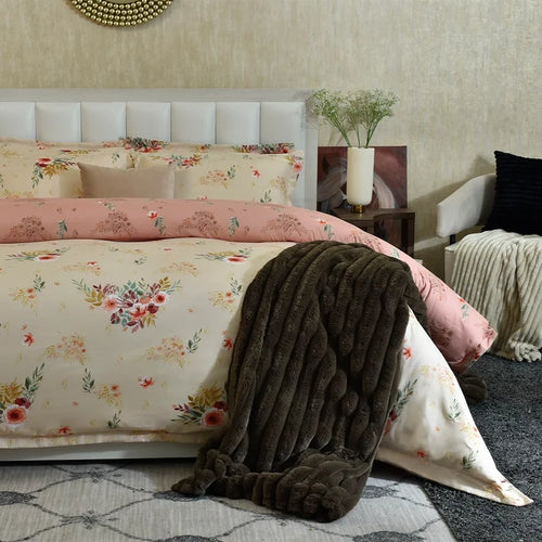 Floral winter comforter set, cream and pink blossoms, matching pillow shams
