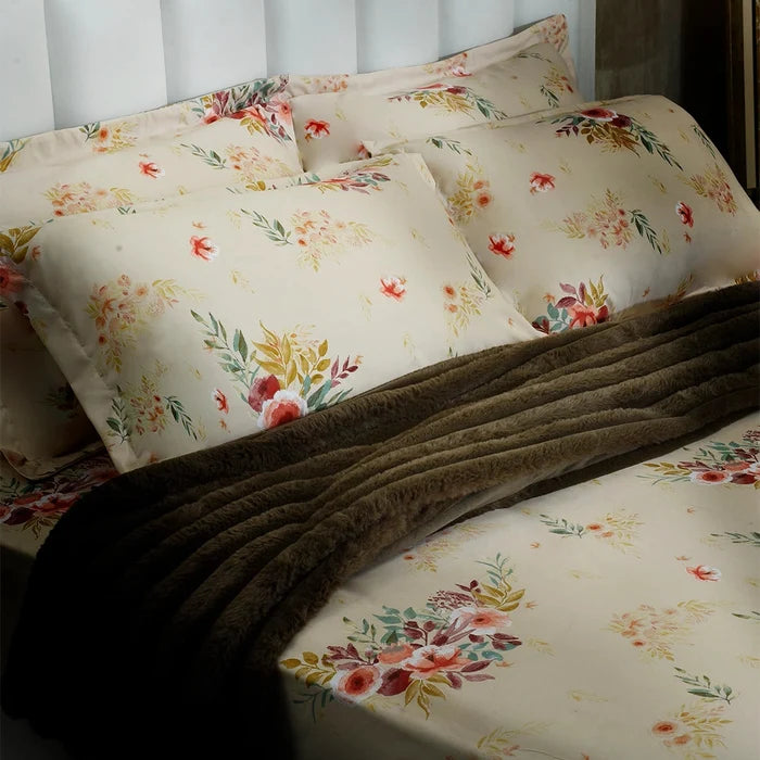 Cotton bed sheet set, butternut cream with colorful floral print and pillowcases