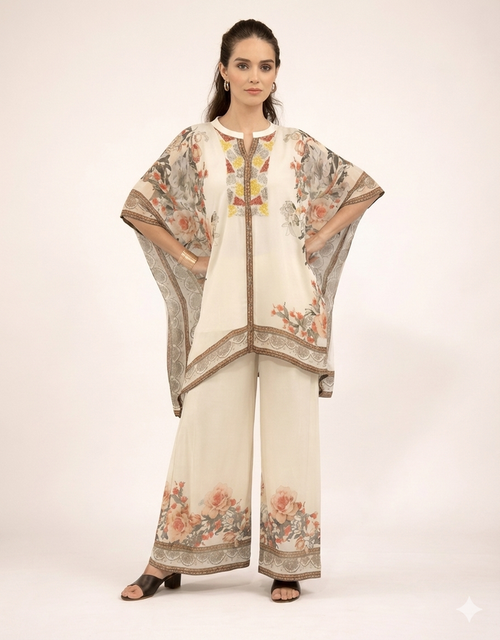 Ivory floral printed kaftan co-ord set with delicate patterns and flowy fit