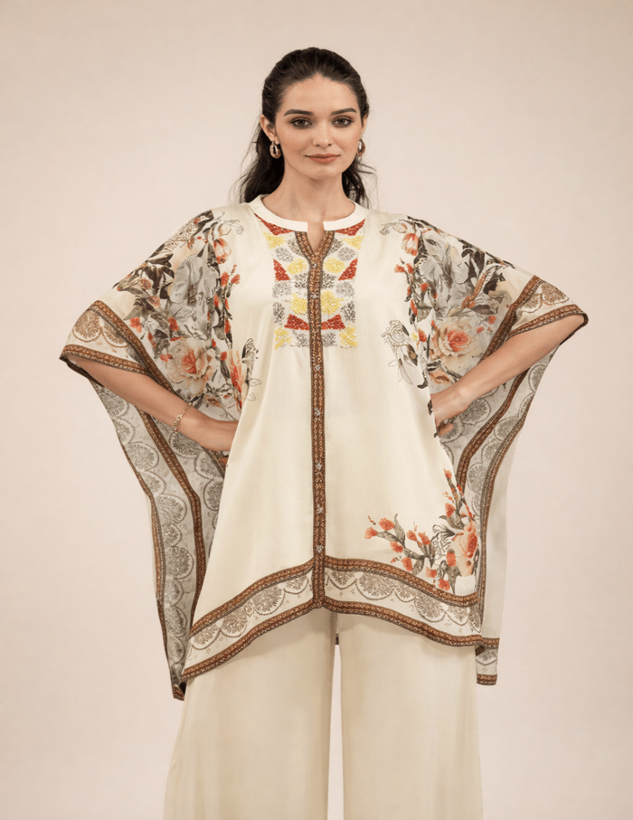 Ivory floral printed kaftan co-ord set with delicate patterns and flowy fit
