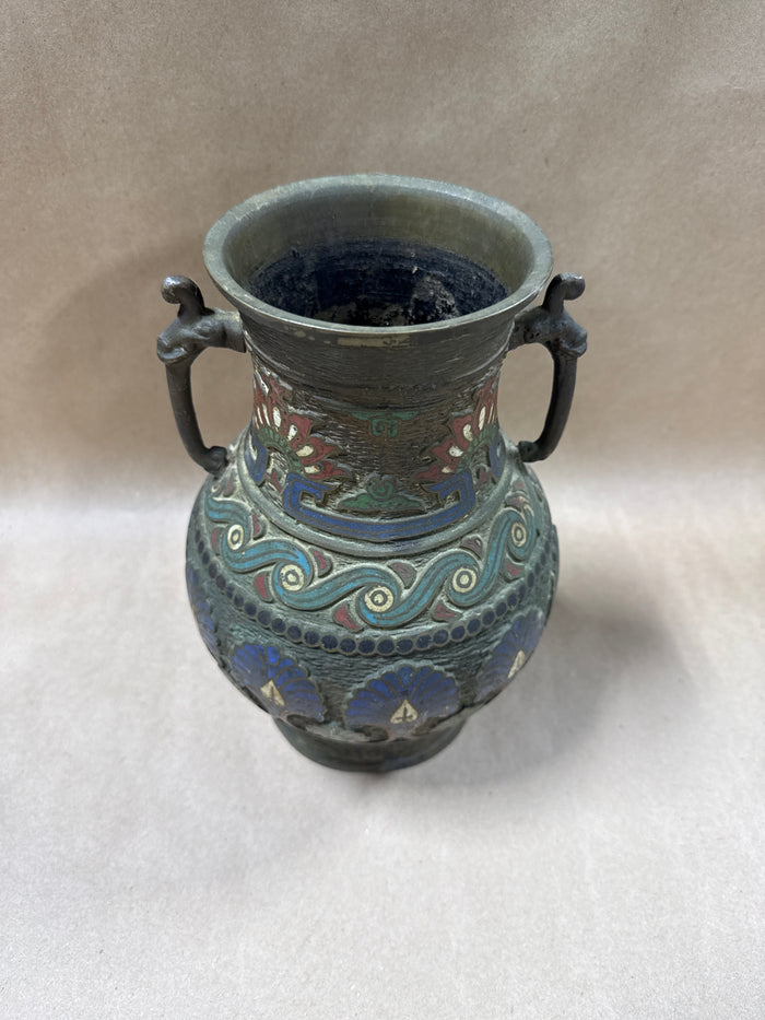 Japanese Meiji Bronze Champlevé Enamel Vase With Handles