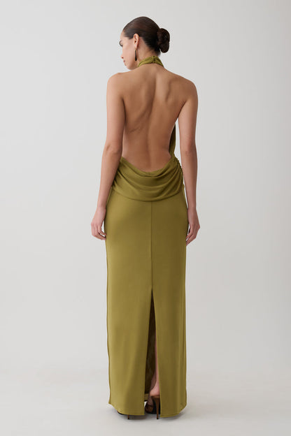 Joan Halter Neck Slinky Maxi Dress - Martini Olive