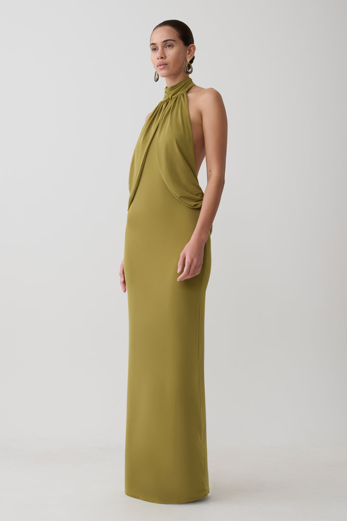 Joan Halter Neck Slinky Maxi Dress - Martini Olive