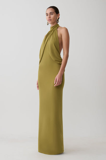 Joan Halter Neck Slinky Maxi Dress - Martini Olive