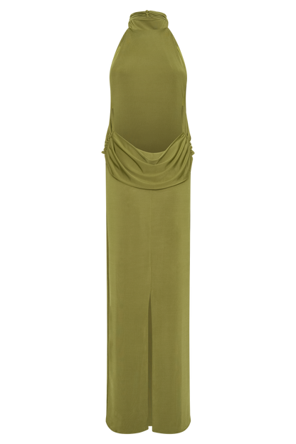Joan Halter Neck Slinky Maxi Dress - Martini Olive