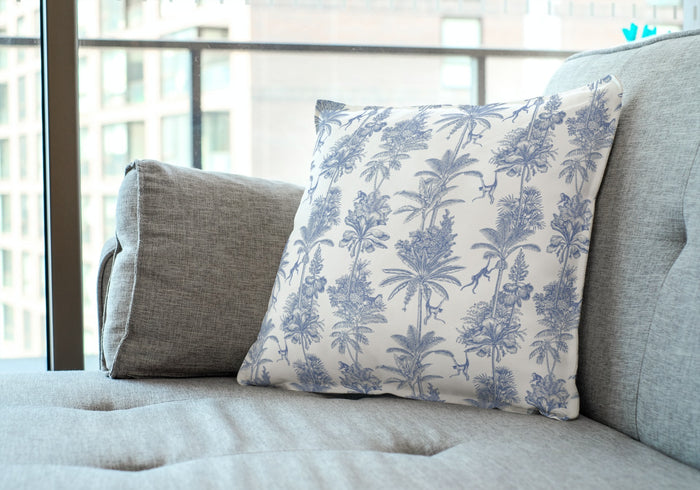 Jungle Toile Outdoor Pillows Monkey Palm Blue