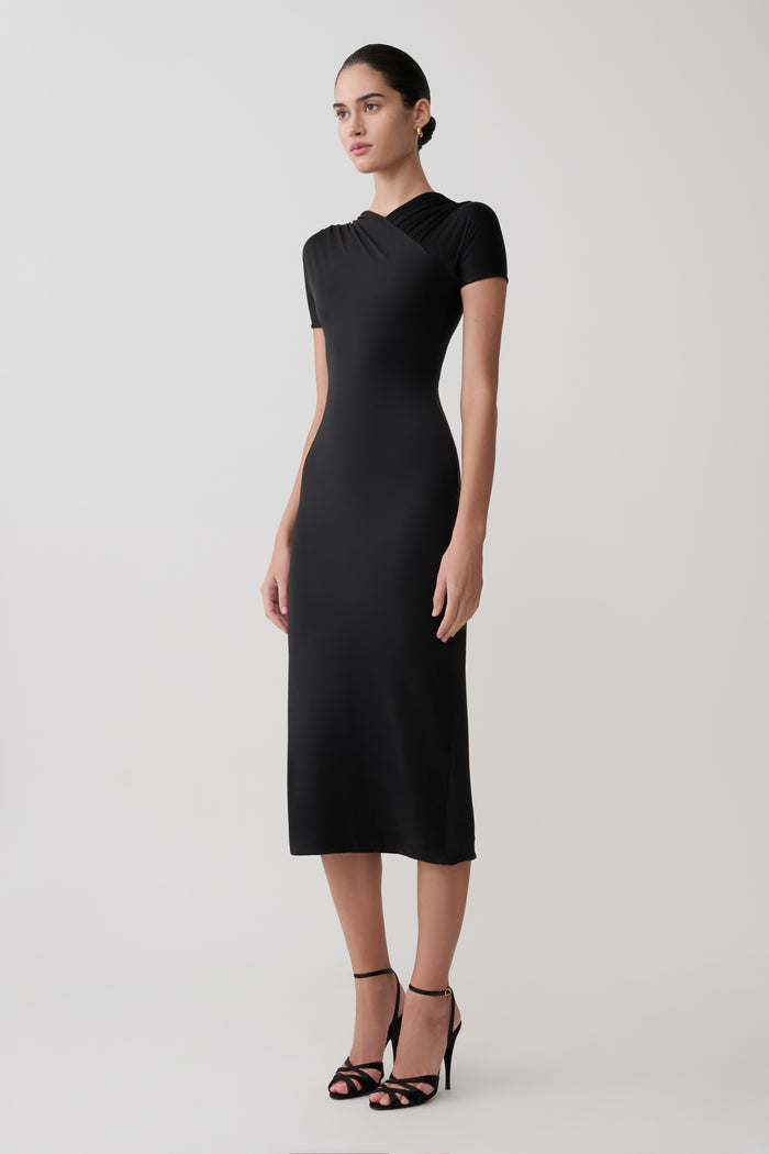 Junie Cross-Over Neck Slinky Maxi Dress - Black