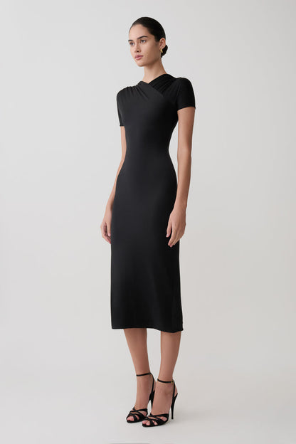 Junie Cross-Over Neck Slinky Maxi Dress - Black