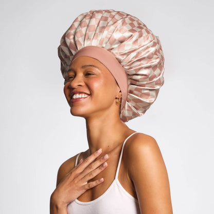 KITSCH - Oversized Satin Bonnet - Terracotta Checker