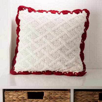 Knitted Polyester White Pillow Cover with Red Trim & Pompom