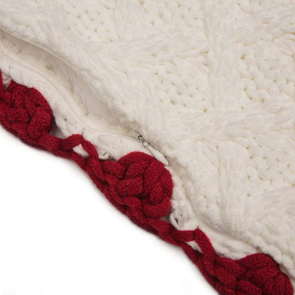 Knitted Polyester White Pillow Cover with Red Trim & Pompom