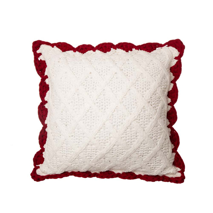 Knitted Polyester White Pillow Cover with Red Trim & Pompom