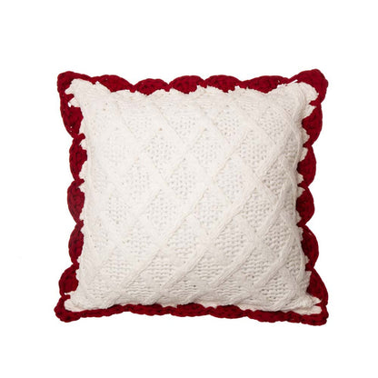 Knitted Polyester White Pillow Cover with Red Trim & Pompom