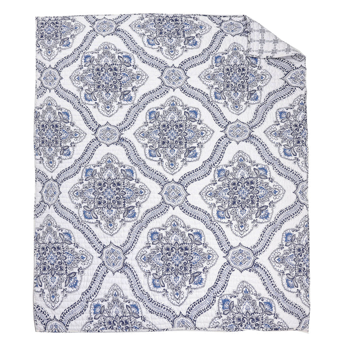 Lentana Navy Quilted Throw featuring intricate medallion pattern on soft cotton fabric.