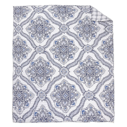 Lentana Navy Quilted Throw featuring intricate medallion pattern on soft cotton fabric.