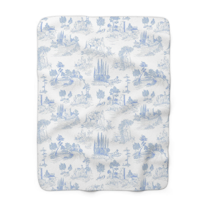Light Blue Toile de Jouy Fleece Lined Blanket