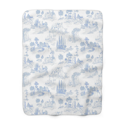 Light Blue Toile de Jouy Fleece Lined Blanket