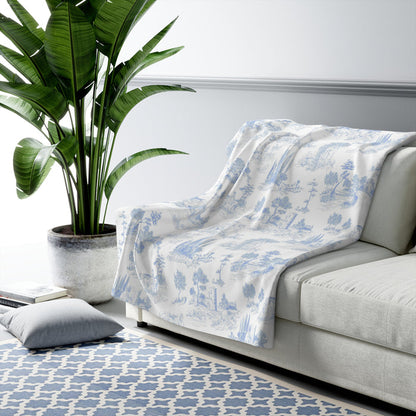 Light Blue Toile de Jouy Fleece Lined Blanket
