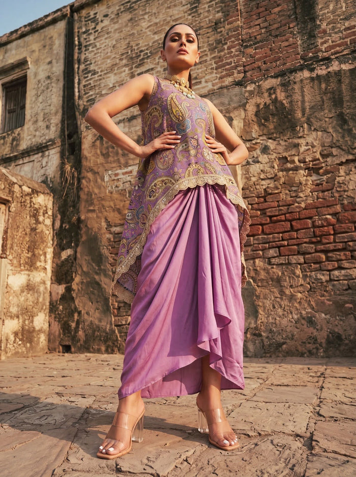 Designer lilac high-low top and pleated skirt