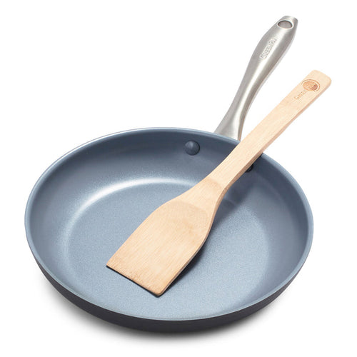 Gray ceramic 10-inch frypan with a metal handle and matching bamboo spatula.